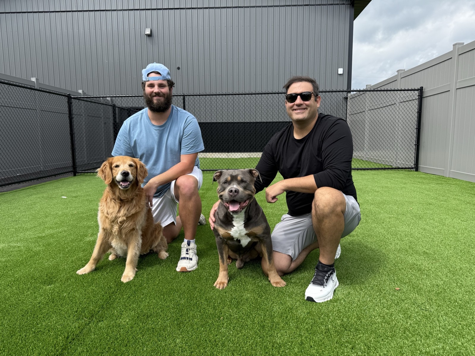 Founders Chad and Jack with their dogs Bentley and Callie at Barkingham Palace in Rotterdam, NY