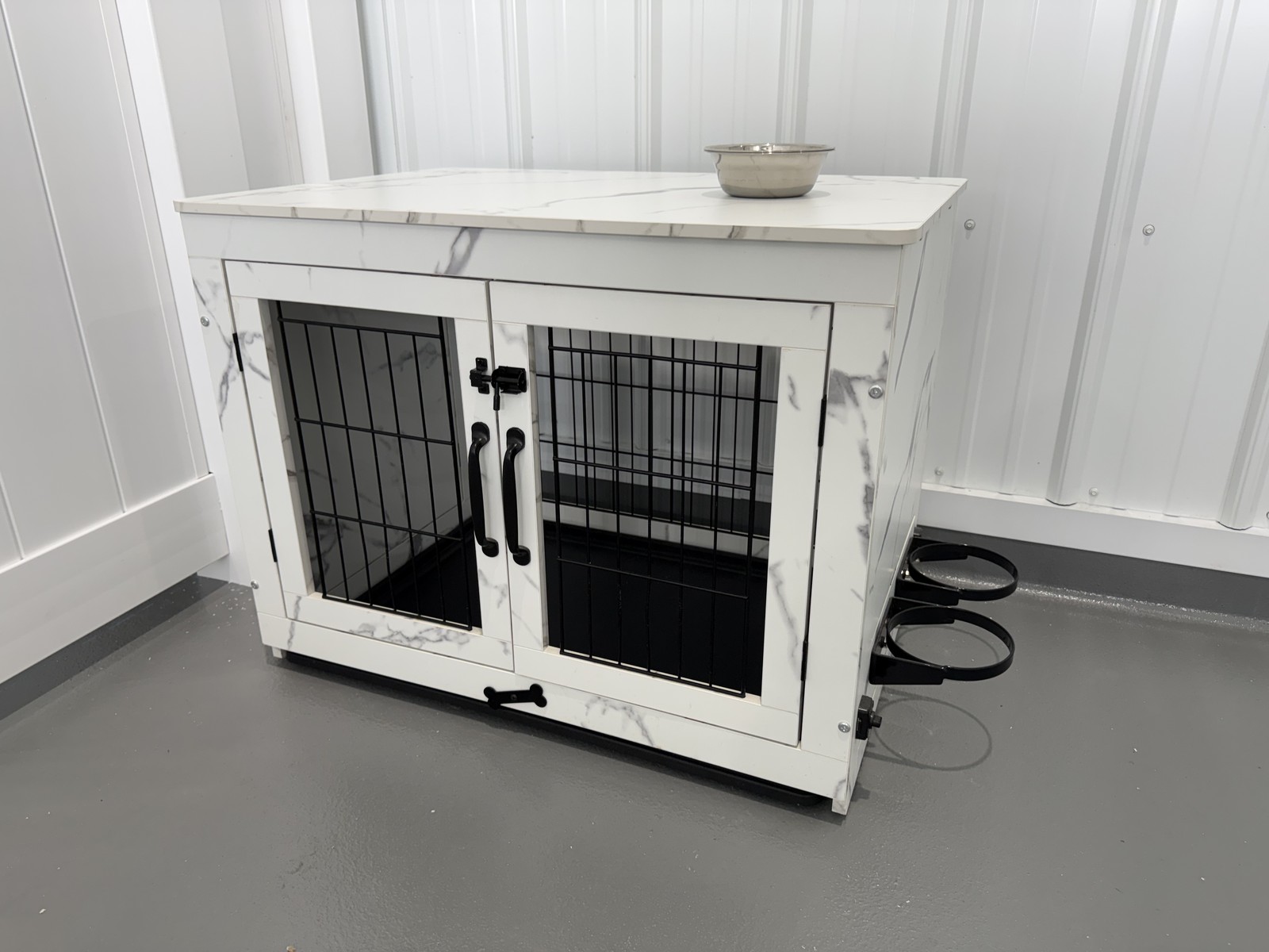 Finished white double boarding kennel inside Barkingham Palace in Rotterdam, NY